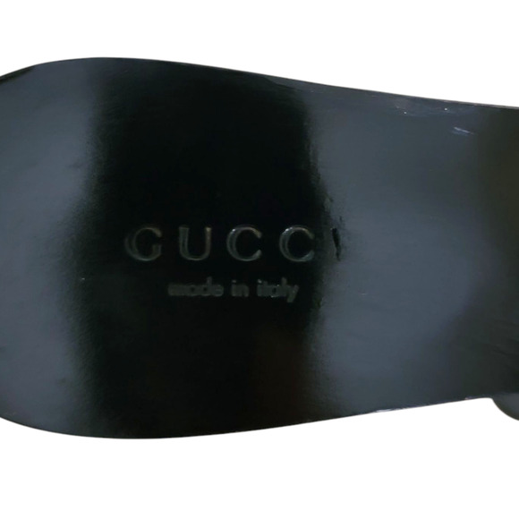 Gucci Black Beige Patent Leather GG Logo Turnlock Mule Heel Slides 37 US 7 - Picture 13 of 15